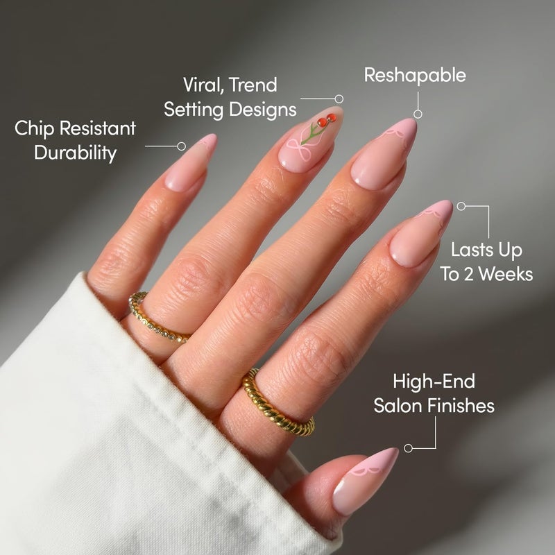 Glamnetic Press On Nails - Cherry Bow | Medium Almond Fake Nails with Pink French Tips, Lace Trim & 3D Cherry Accents in Glossy Finish, Salon Quality | 15 Sizes - 30 Nail Kit with Glue Market mainstream color picks - Image 3