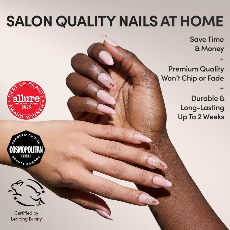 Glamnetic Press On Nails - Cherry Bow | Medium Almond Fake Nails with Pink French Tips, Lace Trim & 3D Cherry Accents in Glossy Finish, Salon Quality | 15 Sizes - 30 Nail Kit with Glue Market mainstream color picks - Image 2