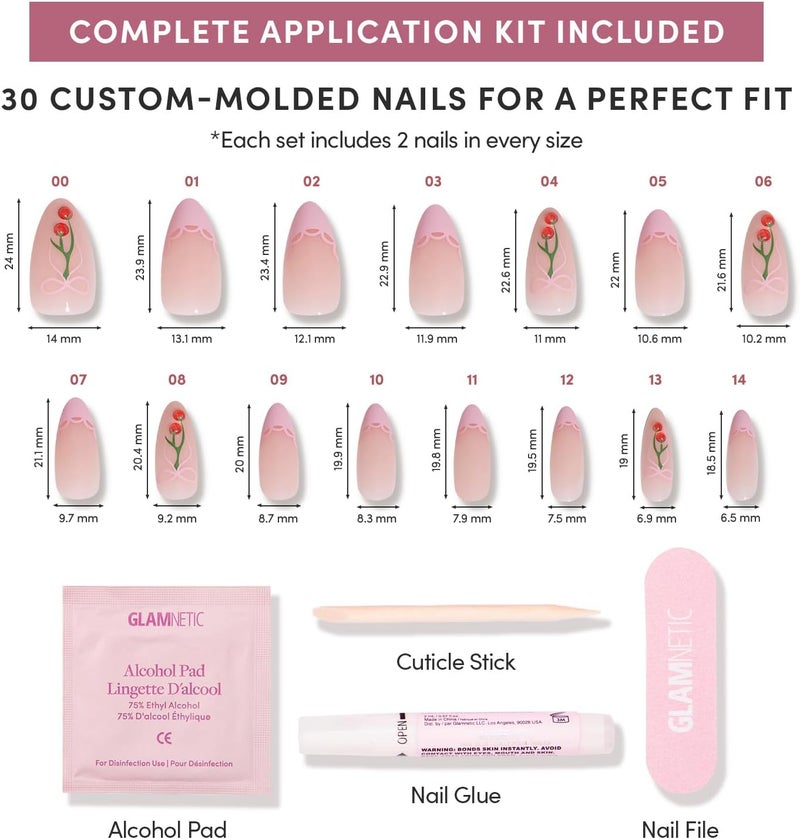 Glamnetic Press On Nails - Cherry Bow | Medium Almond Fake Nails with Pink French Tips, Lace Trim & 3D Cherry Accents in Glossy Finish, Salon Quality | 15 Sizes - 30 Nail Kit with Glue Market mainstream color picks - Image 4