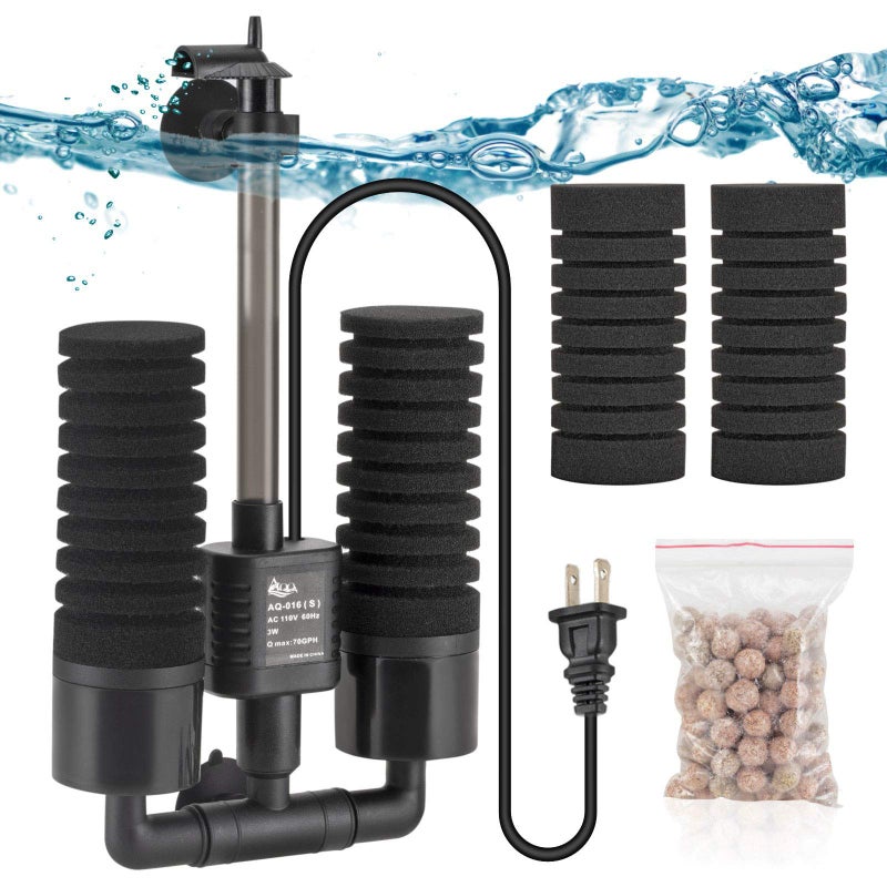 AQQA Aquarium Electric Power Sponge Filter,3W/5W Silence Submersible Foam Filter,Sponges Bio Ceramic Media Balls Double Filter for Saltwater Freshwater Fish Tank (S) - Image 1