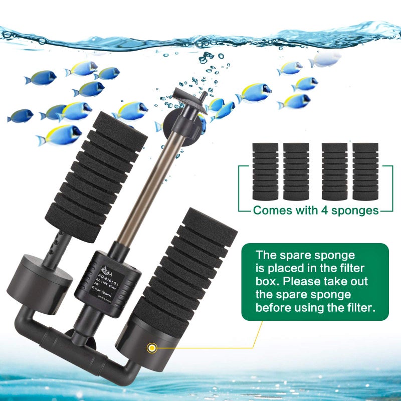 AQQA Aquarium Electric Power Sponge Filter,3W/5W Silence Submersible Foam Filter,Sponges Bio Ceramic Media Balls Double Filter for Saltwater Freshwater Fish Tank (S) - Image 5