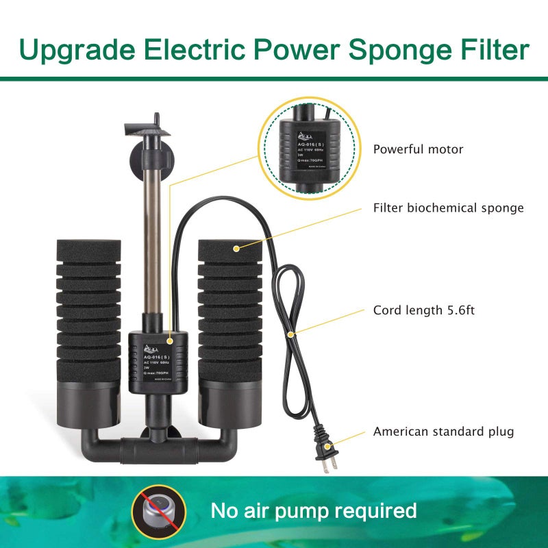 AQQA Aquarium Electric Power Sponge Filter,3W/5W Silence Submersible Foam Filter,Sponges Bio Ceramic Media Balls Double Filter for Saltwater Freshwater Fish Tank (S) - Image 2