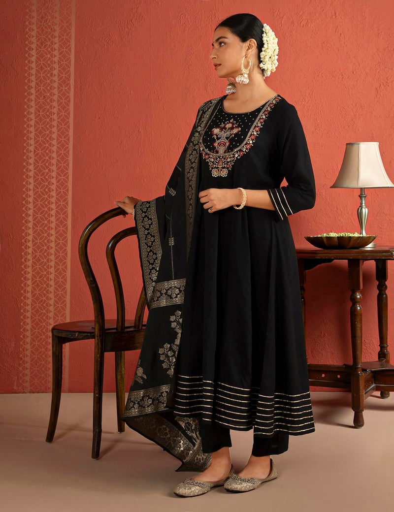 Kaari Women's Kurta Set with Dupatta - Anarkali Style | Gown Length | Placement Neck Embroidery & Gota Border | Rich Brocade Dupatta | Straight Pant | Kurta Set For Women - Image 2