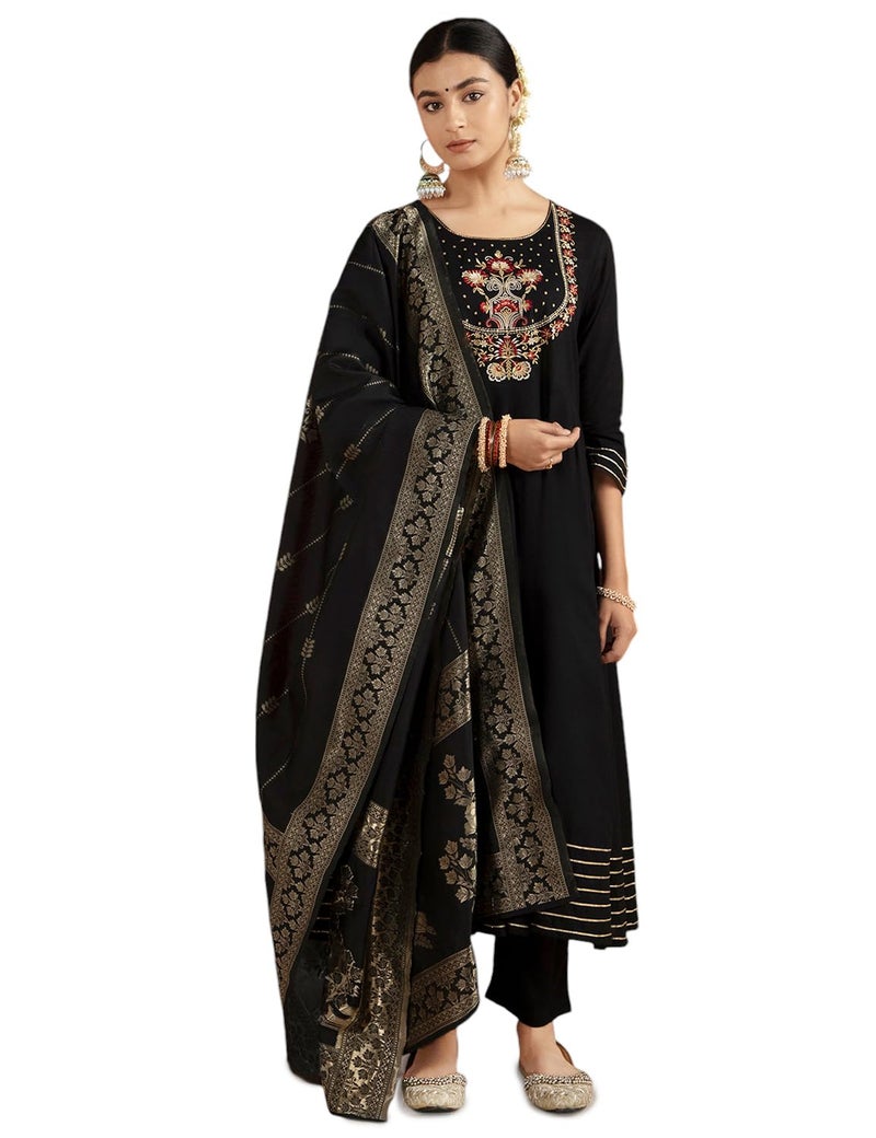 Kaari Women's Kurta Set with Dupatta - Anarkali Style | Gown Length | Placement Neck Embroidery & Gota Border | Rich Brocade Dupatta | Straight Pant | Kurta Set For Women - Image 1