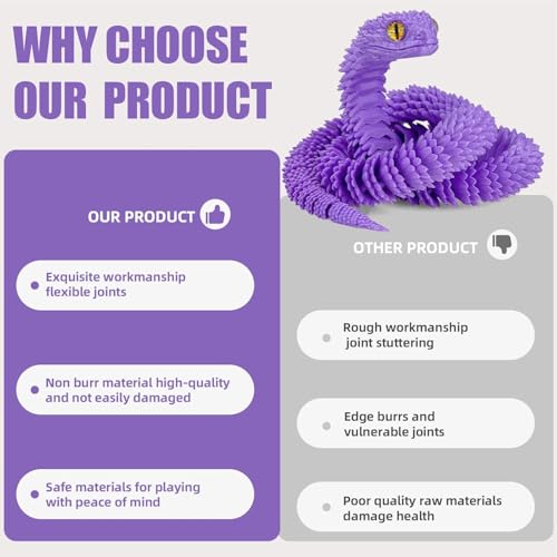 Binvin 3D Printed AnimalsSnake Viper3D Printed Snake Toys Articulated Snake 3D Printed Animals Animal Model Ornaments Creative Funny Toy Festival Gift for Frends Black Green 24Inch - Image 5
