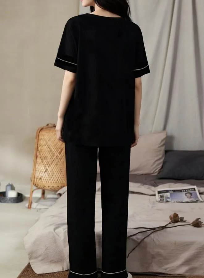 Take Two Black Knitted V-Neck Short Sleeve Pajama Set