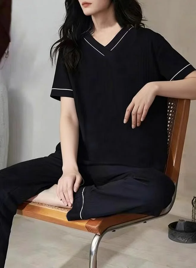 Take Two Black Knitted V-Neck Short Sleeve Pajama Set