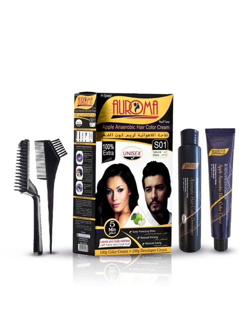 Auroma Ammonia Free Hair Color Cream - 100 ml Cream + 100 ml Developer - Apple (Natural Black S01)