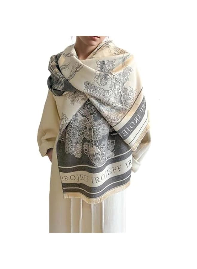 وشاح دافئ من الكشمير، شال للنساء بتصميم فني للمناظر الطبيعية، وشاح بوجهين مع شرابة كبيرة وطويلة من الباشمينا - Image 1