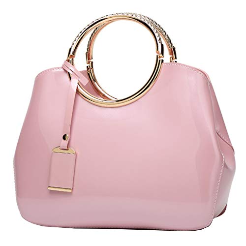 Rullar Women Elegant Handbag and Purse Top Handle Bag Patent Leather Tote Satchel Shoulder Clutch Crossbody Bag with Pendant Pink - Image 1