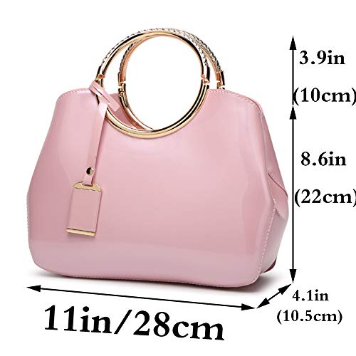 Rullar Women Elegant Handbag and Purse Top Handle Bag Patent Leather Tote Satchel Shoulder Clutch Crossbody Bag with Pendant Pink - Image 2