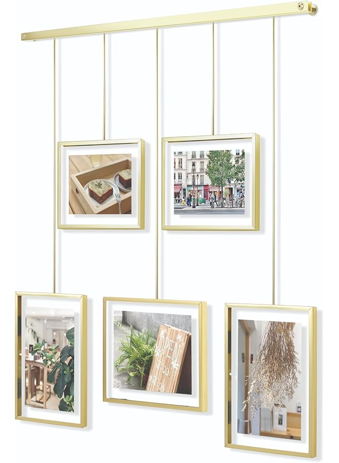 erorex Exhibit Picture Frame Gallery Set Adjustable Collage Display For 5 Photos Prints Artwork And More Holds Two 4 X 6 Inch And Three 5 X 7 Inch Images Normal Brass - Image 1