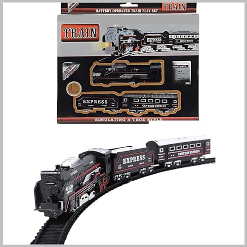 Braintastic Battery Operated Toy Train Set with Engine Locomotive Passenger Coach Cargo Car Track Pieces Headlight Railway Play Set for Kids 13 Pieces - Image 1