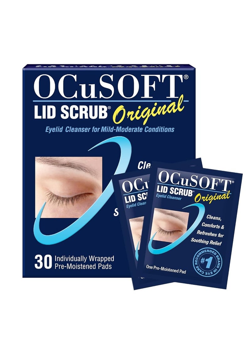 OCuSOFT - منظف الجفون الأصلي من OCuSOFT Lid Scrub - مناديل مبللة مسبقًا للجفون للحالات الخفيفة إلى المتوسطة - منظف الجفون لتنظيف الجفون المتهيجة وتهدئتها - 30 قطعة - Image 1