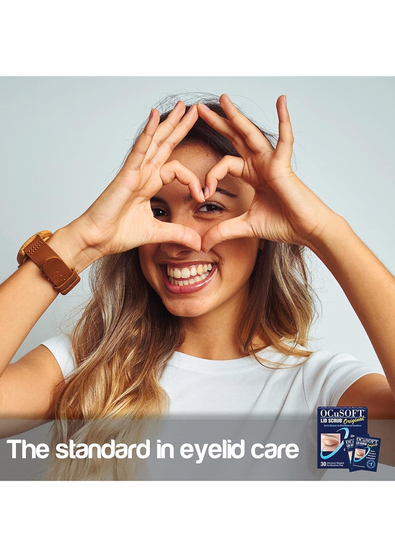 OCuSOFT - منظف الجفون الأصلي من OCuSOFT Lid Scrub - مناديل مبللة مسبقًا للجفون للحالات الخفيفة إلى المتوسطة - منظف الجفون لتنظيف الجفون المتهيجة وتهدئتها - 30 قطعة - Image 1