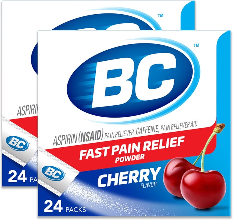 BC Powder Pain Reliever, Cherry Flavor Aspirin Dissolve Packs, 24 Count Powder Packets (2 Pack)
