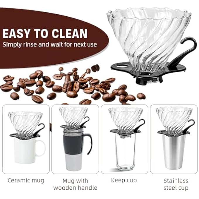 HASTHIP V60 Glass Coffee Dripper With Handle And BasePour Over Coffee Maker With StandReusable Glass Cone Manual PourOver Brewer For 34 Cups Compatible V60 Filters Easy Clean - Image 5