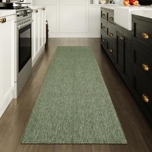 Uphome Kitchen Runner Rug, 2x6 Washable Boho Rug Runners for Hallways Non Slip, 6ft Low Pile Woven Cotton Modern Carpet Runners, Stain Resistant Bedroom Runner Rug for Hallway Entryway Entrance, Green - Image 2