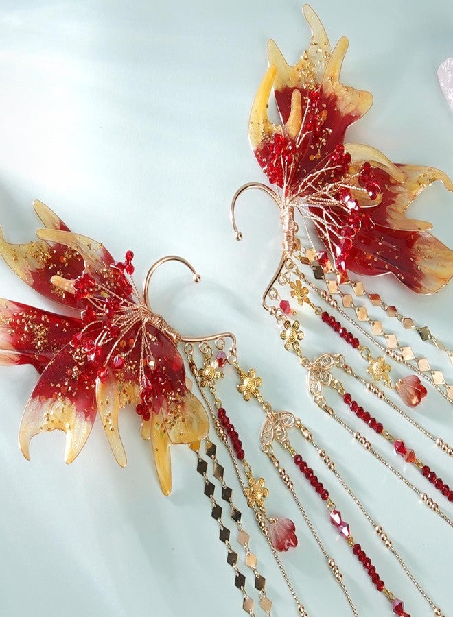 FRESHME Mermaid Fairy Ear Cuffs - Red Elf Ear Cuffs No Piercing Elven Ear Climbers with Seashell Tassel Auricular Fins Earring Renaissance Renfaire Cosplay Mermaid Costume Accessories - Image 4