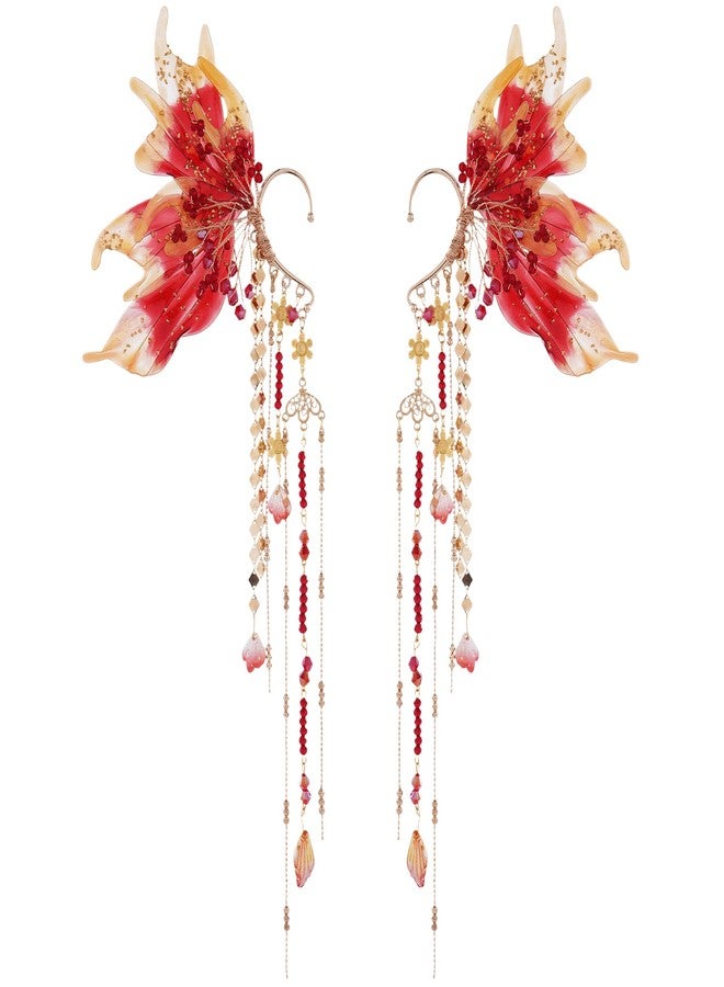 FRESHME Mermaid Fairy Ear Cuffs - Red Elf Ear Cuffs No Piercing Elven Ear Climbers with Seashell Tassel Auricular Fins Earring Renaissance Renfaire Cosplay Mermaid Costume Accessories - Image 1