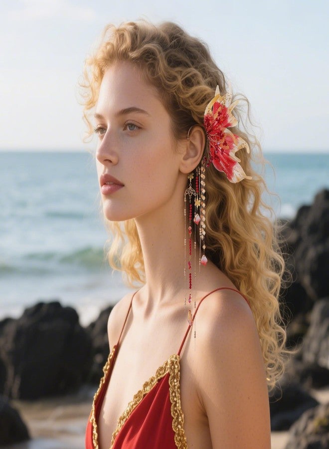 FRESHME Mermaid Fairy Ear Cuffs - Red Elf Ear Cuffs No Piercing Elven Ear Climbers with Seashell Tassel Auricular Fins Earring Renaissance Renfaire Cosplay Mermaid Costume Accessories - Image 2