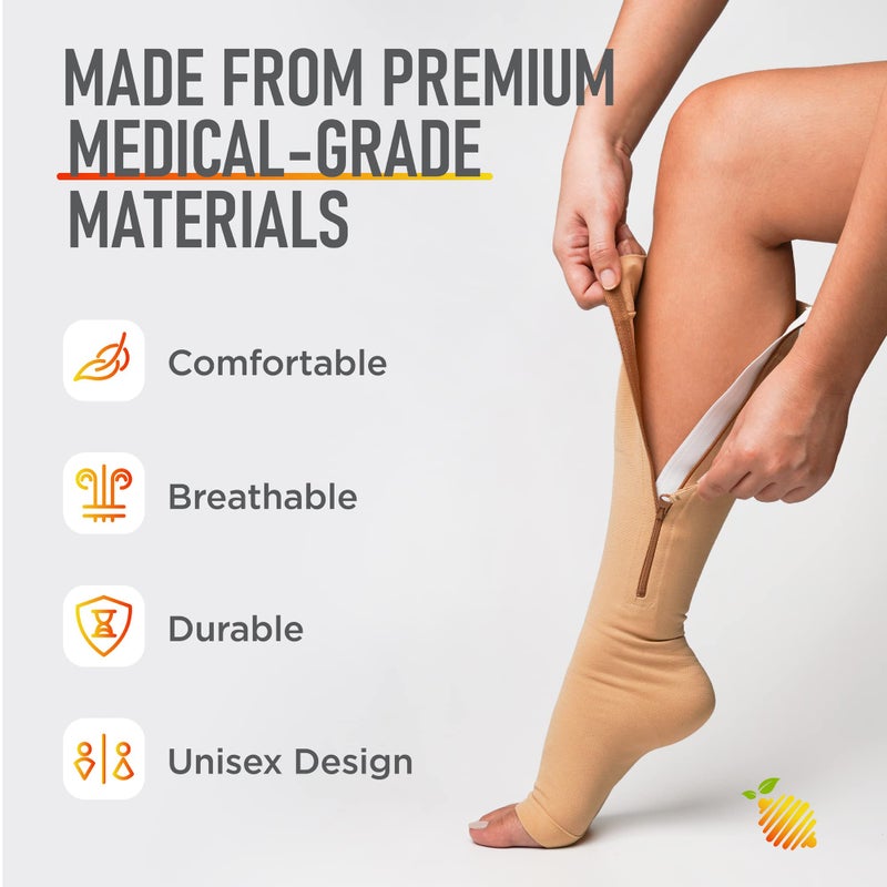 Lemon Hero Medical Compression Socks - Open Toe 15-20 Mmhg Zipper Compression Stockings For Men And Women - Lightweight Compression Socks For Pregnant Women & Nurses - Large  Beige [1 Pair] - Image 4