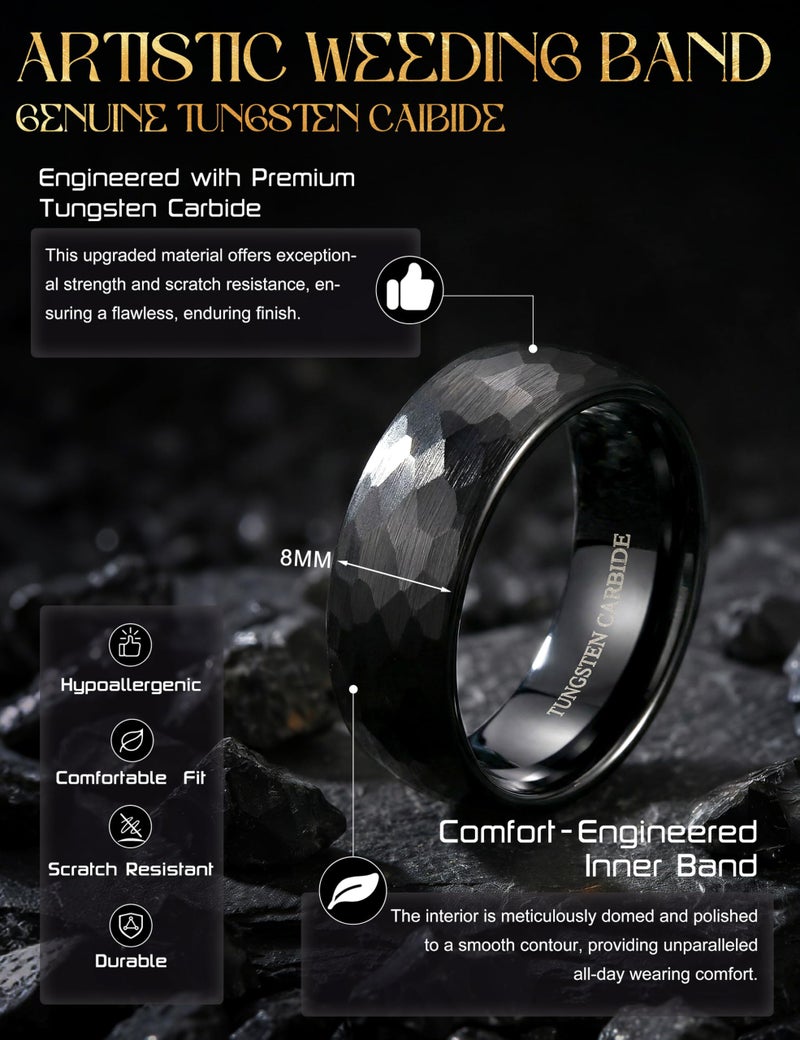Drperfect Tungsten Wedding Rings for Men Women 8MM Mens Wedding Band Ring Black Hammered Groove Matte Brushed Finish Mens Promise Engagement Rings Comfort Fit Size 10 - Image 2