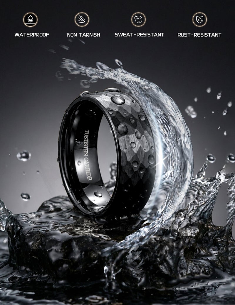 Drperfect Tungsten Wedding Rings for Men Women 8MM Mens Wedding Band Ring Black Hammered Groove Matte Brushed Finish Mens Promise Engagement Rings Comfort Fit Size 10 - Image 3