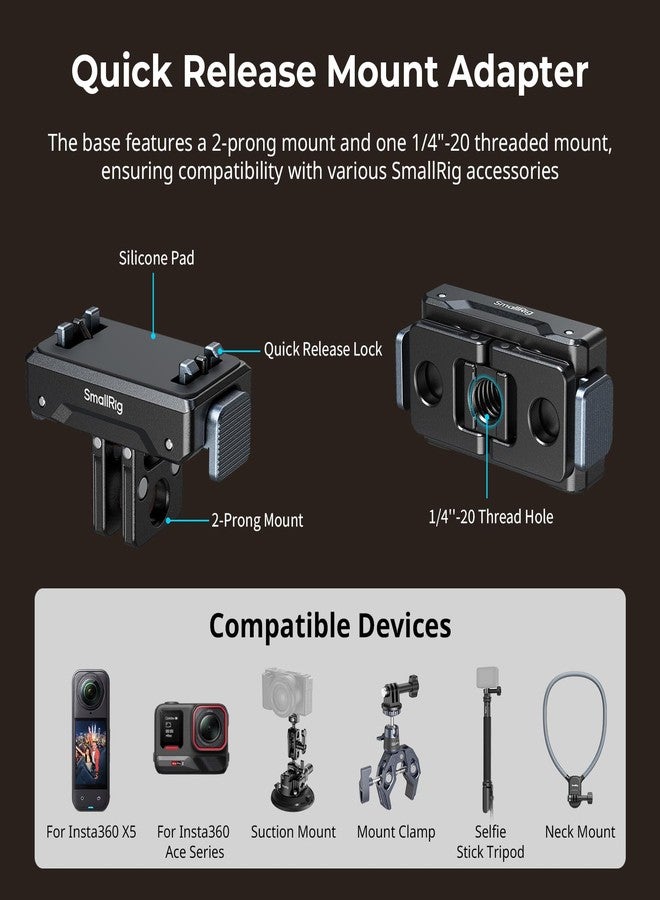 سمول ريج محول تثبيت سريع الفك من SMALLRIG لكاميرات Insta360 X5 / X4 Air / Ace Pro 2 / Ace Pro / Ace، محول بفتحة لولبية 1/4 بوصة - 20، قاعدة تثبيت ثنائية الشعب للحوامل الثلاثية، وعصي السيلفي، وملحقات التدوين المرئي - 5814 - Image 3