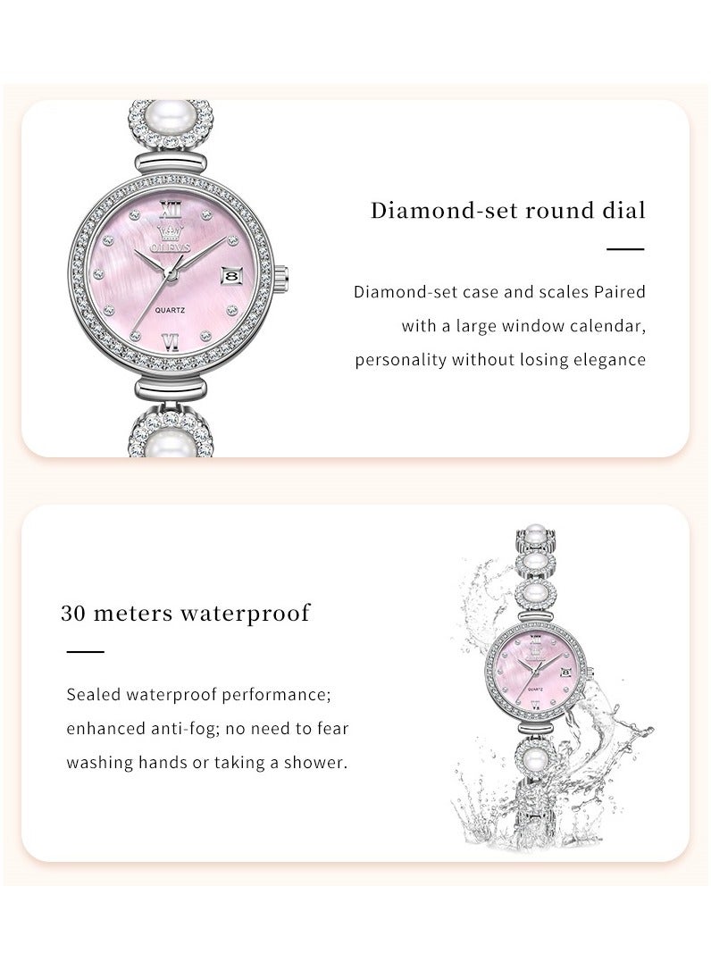 أوليفز ساعة يد نسائية أنيقة وفاخرة بسوار من الفولاذ المقاوم للصدأ واللؤلؤ تصميم مقاوم للماء زجاج عالي الصلابة ساعة سوار عصرية - Image 2