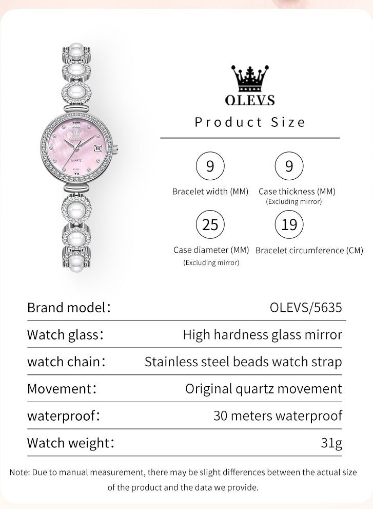 أوليفز ساعة يد نسائية أنيقة وفاخرة بسوار من الفولاذ المقاوم للصدأ واللؤلؤ تصميم مقاوم للماء زجاج عالي الصلابة ساعة سوار عصرية - Image 4