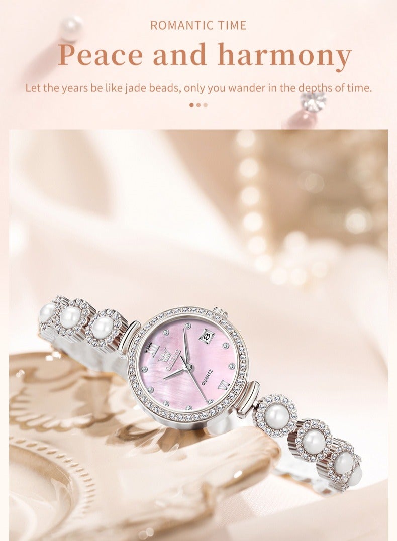 أوليفز ساعة يد نسائية أنيقة وفاخرة بسوار من الفولاذ المقاوم للصدأ واللؤلؤ تصميم مقاوم للماء زجاج عالي الصلابة ساعة سوار عصرية - Image 5