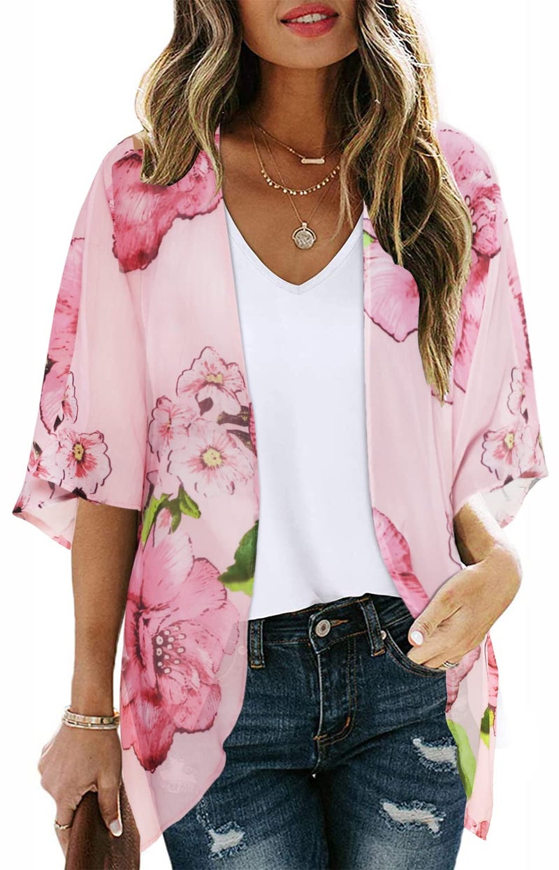 CHICGAL Women Summer Kimono Cardigan Sheer Beach Cover ups Chiffon Loose Casual Open Front Swimwear Shirts (Rose Pink,XL) - Image 1