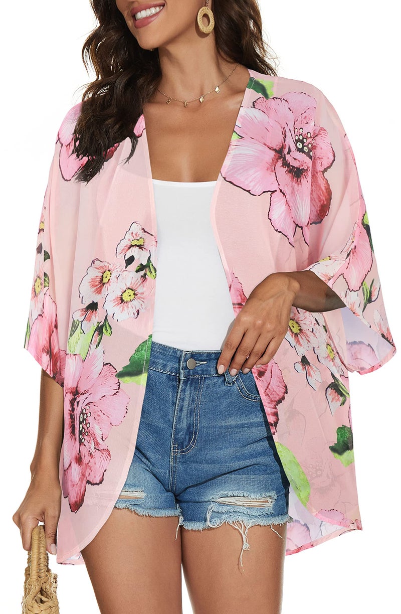 CHICGAL Women Summer Kimono Cardigan Sheer Beach Cover ups Chiffon Loose Casual Open Front Swimwear Shirts (Rose Pink,XL) - Image 2