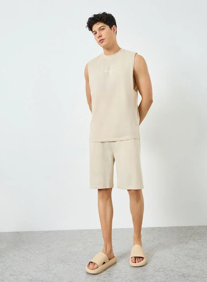 Men Beige Relaxed Fit Tank and Shorts Pyjama Set