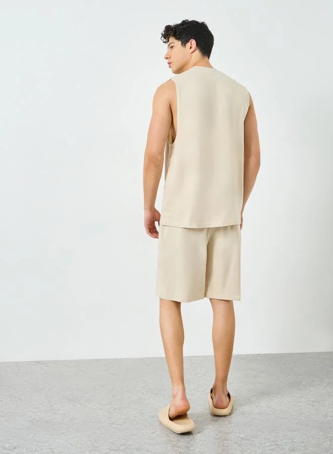 Styli  Men Beige Relaxed Fit Tank and Shorts Pyjama Set for Men | Best Price UAE