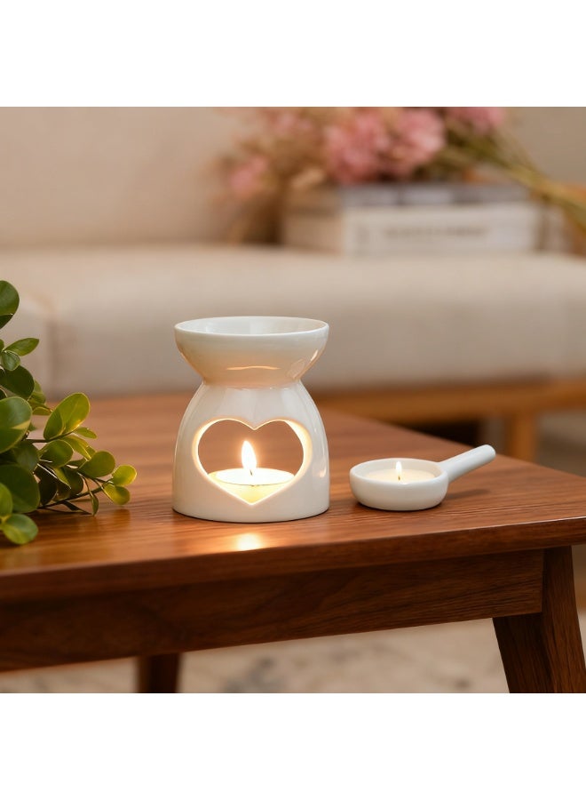 CHIYLE Ceramic Heart Tealight Holder & Essential Oil Burner – White Hollow Love Shape Candle Warmer for Living Room, Bedroom, Balcony & Garden Decoration - Image 1