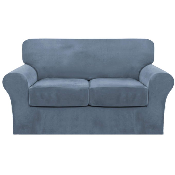 3 PIECE SOFA COVERS VELVET FOR 2 CUSHION COUCH STRETCH LOVESEAT SLIPCOVER WITH INDIVIDUAL SEAT ELASTIC FURNITURE PROTECTOR FOR PETS LOVESEAT STONE BLUE