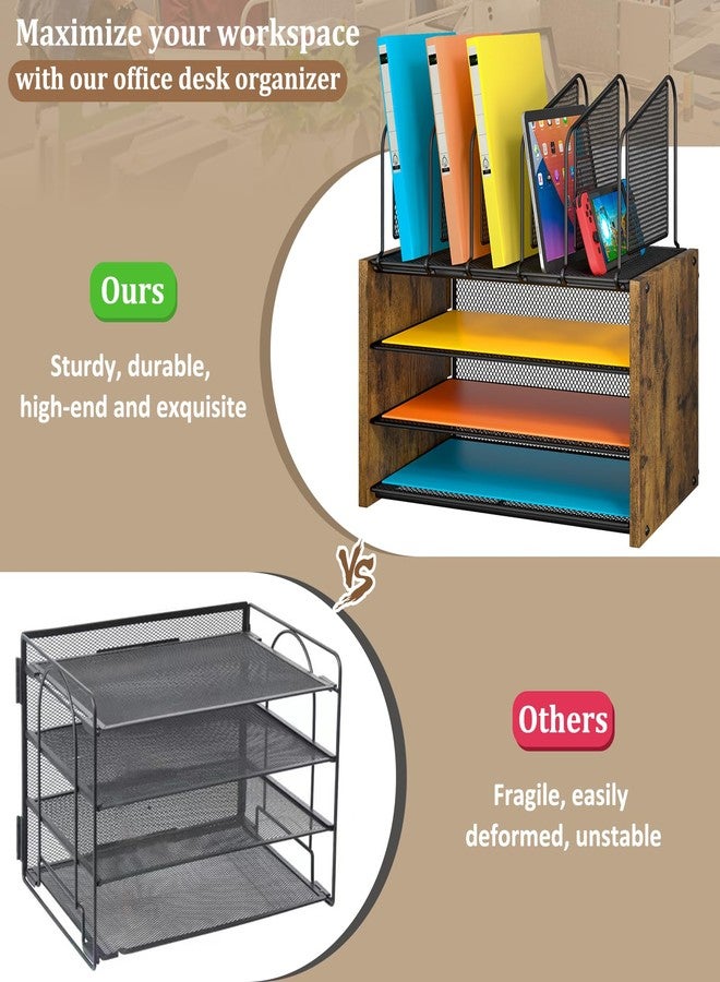 DAOUTIME 4-Tier Desk Organizer, Desk File Organizer with 5 Vertical File Holders, Office Desktop Organizer with 3 Level Paper Organizer Letter Tray, Wooden Desk Organizers and Accessories for Home Office - Image 5