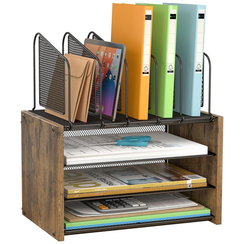 DAOUTIME 4-Tier Desk Organizer, Desk File Organizer with 5 Vertical File Holders, Office Desktop Organizer with 3 Level Paper Organizer Letter Tray, Wooden Desk Organizers and Accessories for Home Office - Image 1