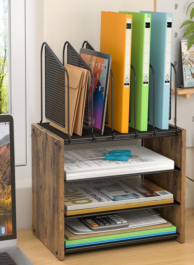 DAOUTIME 4-Tier Desk Organizer, Desk File Organizer with 5 Vertical File Holders, Office Desktop Organizer with 3 Level Paper Organizer Letter Tray, Wooden Desk Organizers and Accessories for Home Office - Image 2