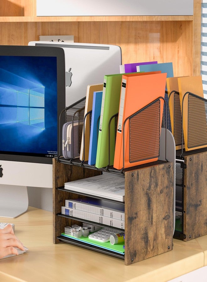 DAOUTIME 4-Tier Desk Organizer, Desk File Organizer with 5 Vertical File Holders, Office Desktop Organizer with 3 Level Paper Organizer Letter Tray, Wooden Desk Organizers and Accessories for Home Office - Image 3