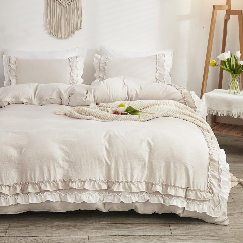 Bedorm Beige Duvet Cover Set Queen Ruffle Bedding Set Pleat Ruffled Shabby Chic Comforter Cover Extra Soft  Easy Care White Boho Duvet Cover with Zipper Closure