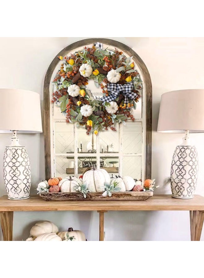 إكليل زهور خريفي كبير مقاس 24 بوصة لتزيين الباب الأمامي مع إكليل زهور قطني أبيض من اليقطين للباب للخريف أو زينة عيد الشكر - Image 2