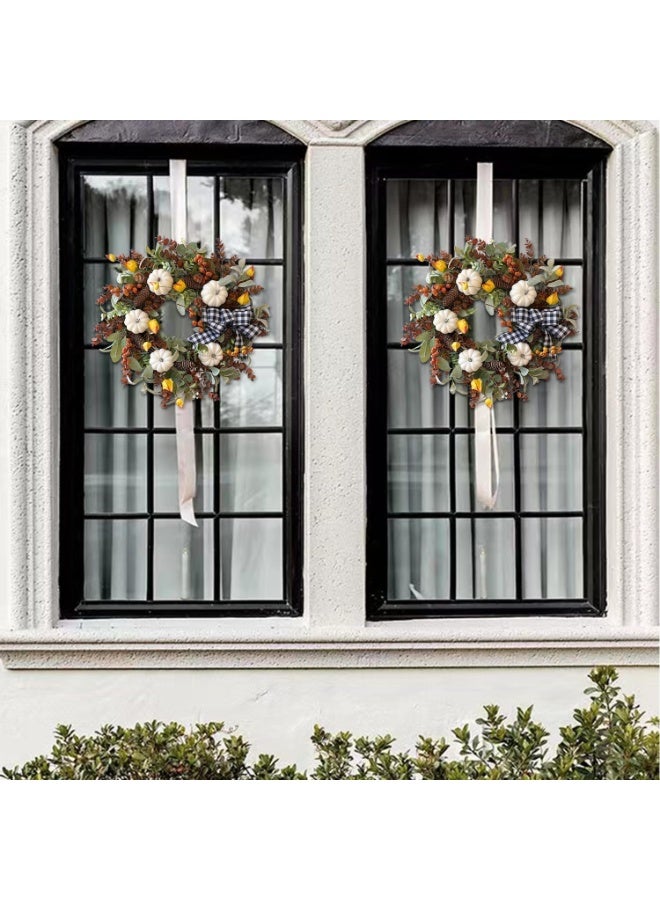 إكليل زهور خريفي كبير مقاس 24 بوصة لتزيين الباب الأمامي مع إكليل زهور قطني أبيض من اليقطين للباب للخريف أو زينة عيد الشكر - Image 3
