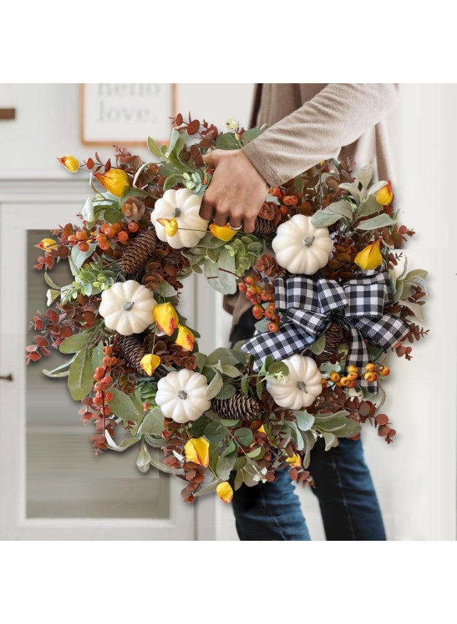 إكليل زهور خريفي كبير مقاس 24 بوصة لتزيين الباب الأمامي مع إكليل زهور قطني أبيض من اليقطين للباب للخريف أو زينة عيد الشكر - Image 5