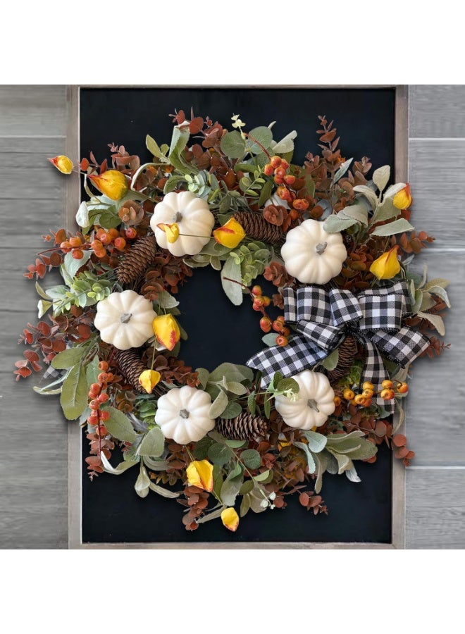 إكليل زهور خريفي كبير مقاس 24 بوصة لتزيين الباب الأمامي مع إكليل زهور قطني أبيض من اليقطين للباب للخريف أو زينة عيد الشكر - Image 4