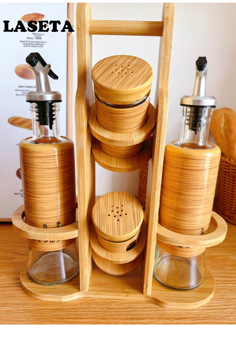 Laseta طقم زجاجات زيت وبهارات مزدوجة حديثة مع حامل خشبي متين - أساسي للمطبخ - Image 1