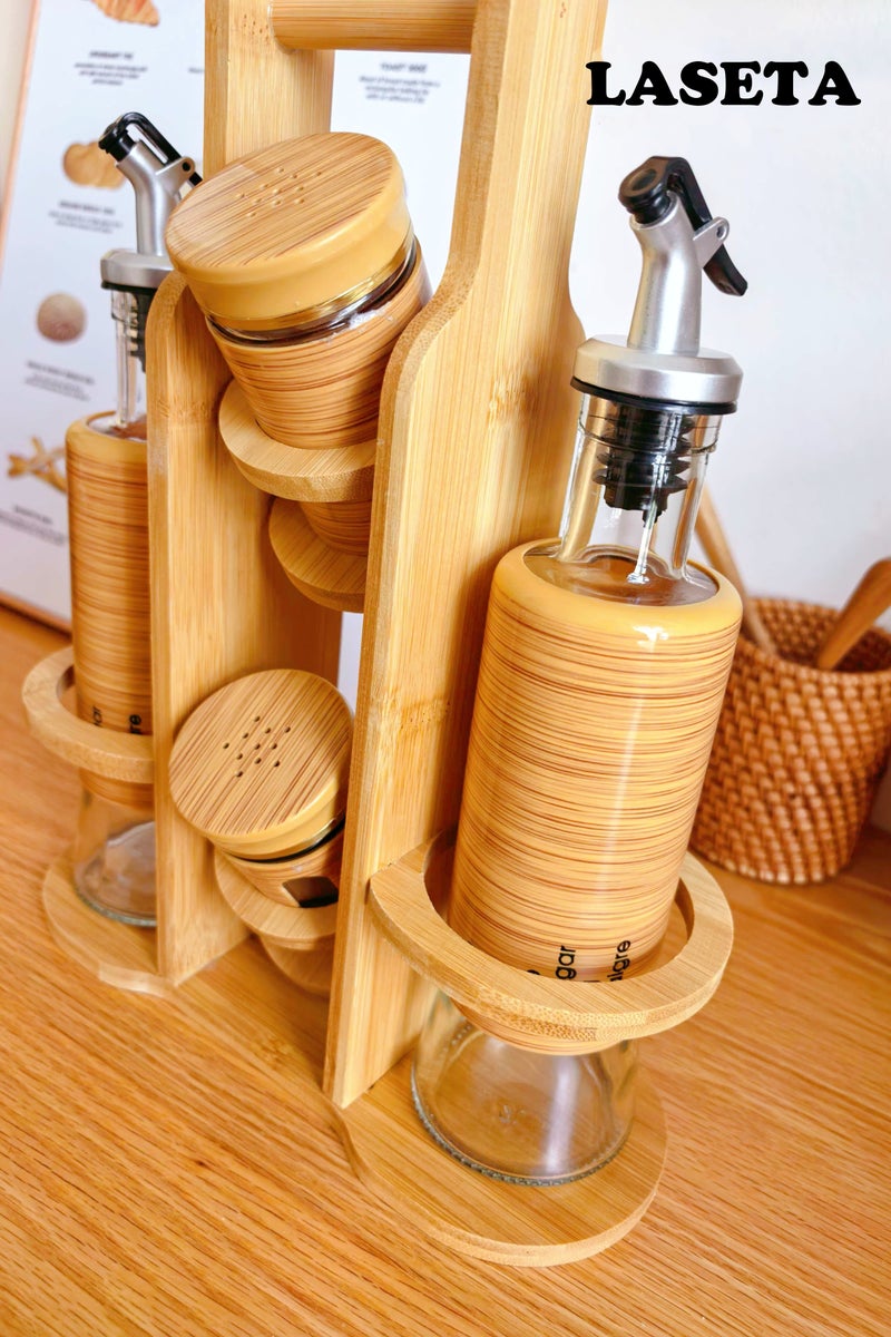 Laseta طقم زجاجات زيت وبهارات مزدوجة حديثة مع حامل خشبي متين - أساسي للمطبخ - Image 2