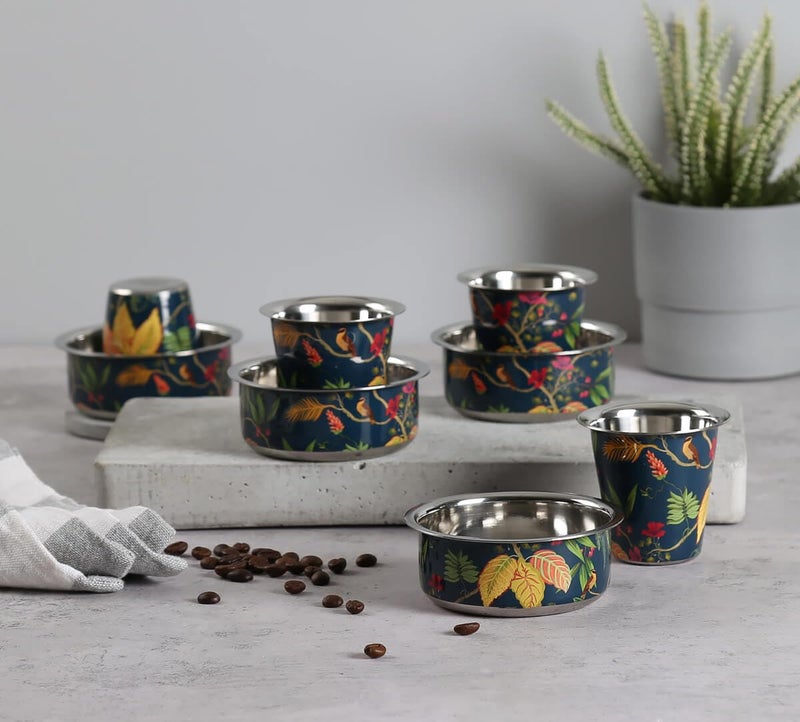 India Circus by Krsnaa Mehta India Circus by Krsnaa Mehta Fronds and Florets Steel Coffee Tea Cup Tumbler Traditional Kumbakonam Dawara Set Filter Coffee Set Serving Drinkware 150 ml Set of 4  - Image 1